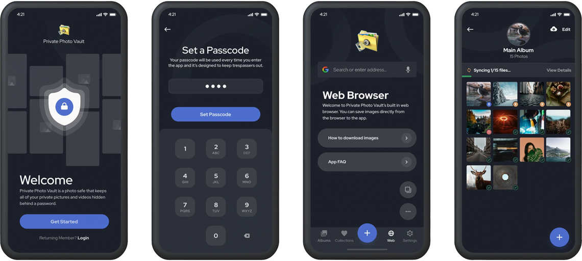 PhotoVault dark mode interface